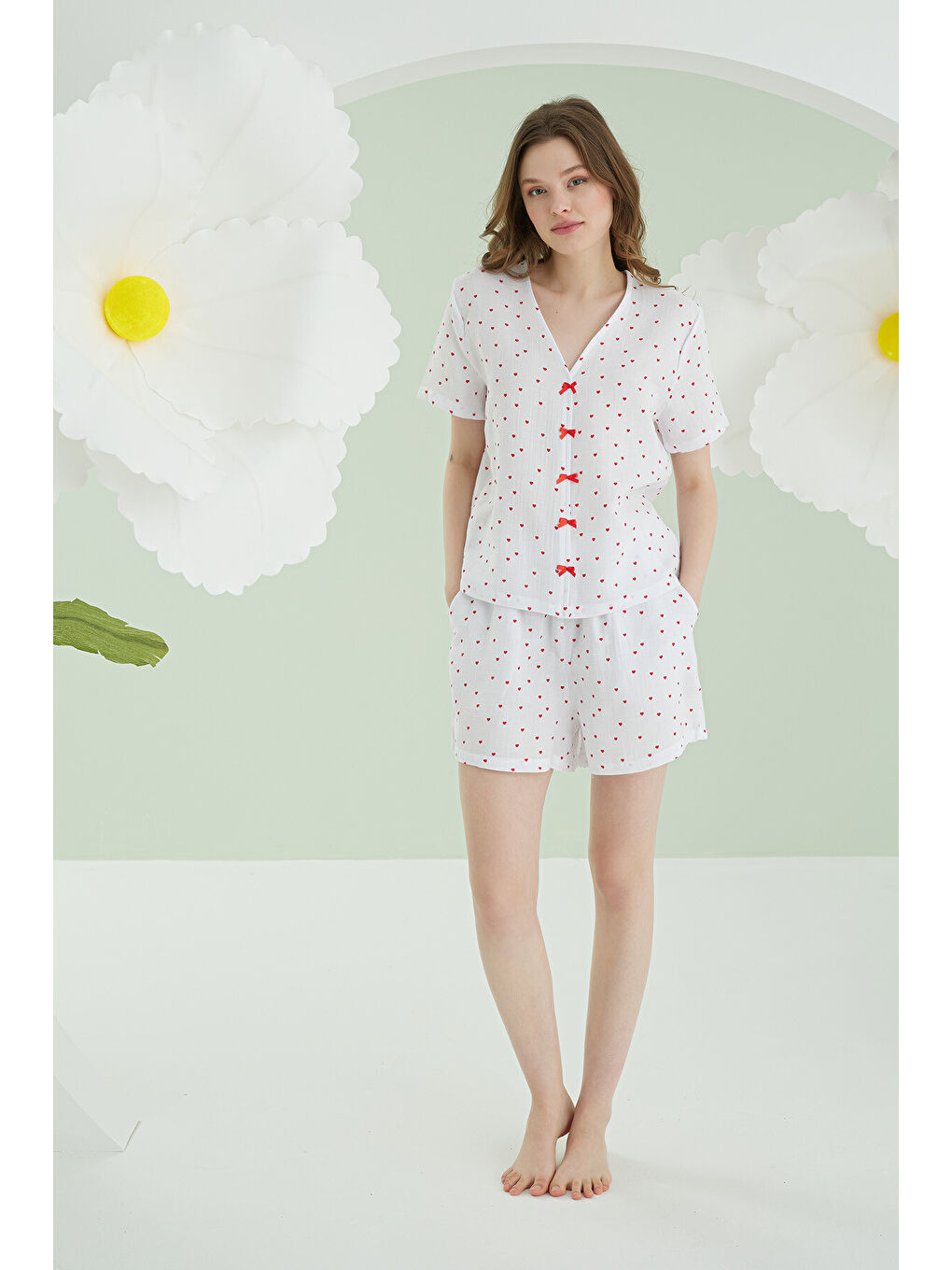 Ekru Kalpli Şortlu Önden Bağlamalı Şort Takım-1