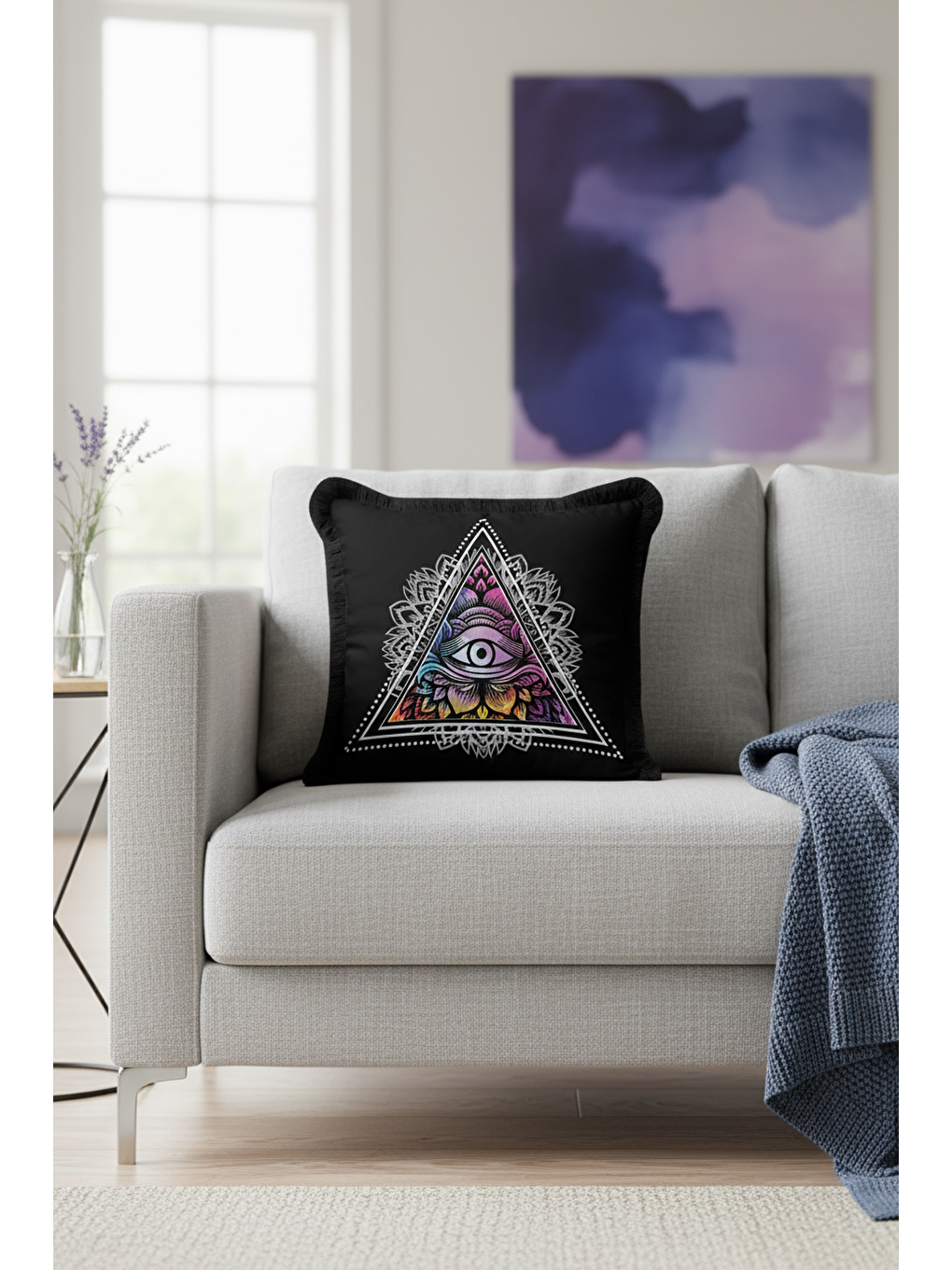 Karışık Mistik Göz Motifli Saçaklı Yastık Kılıfı - Üçgen Mandala Bohem Siyah Renkli Püsküllü Kırlent Kılıfı-1