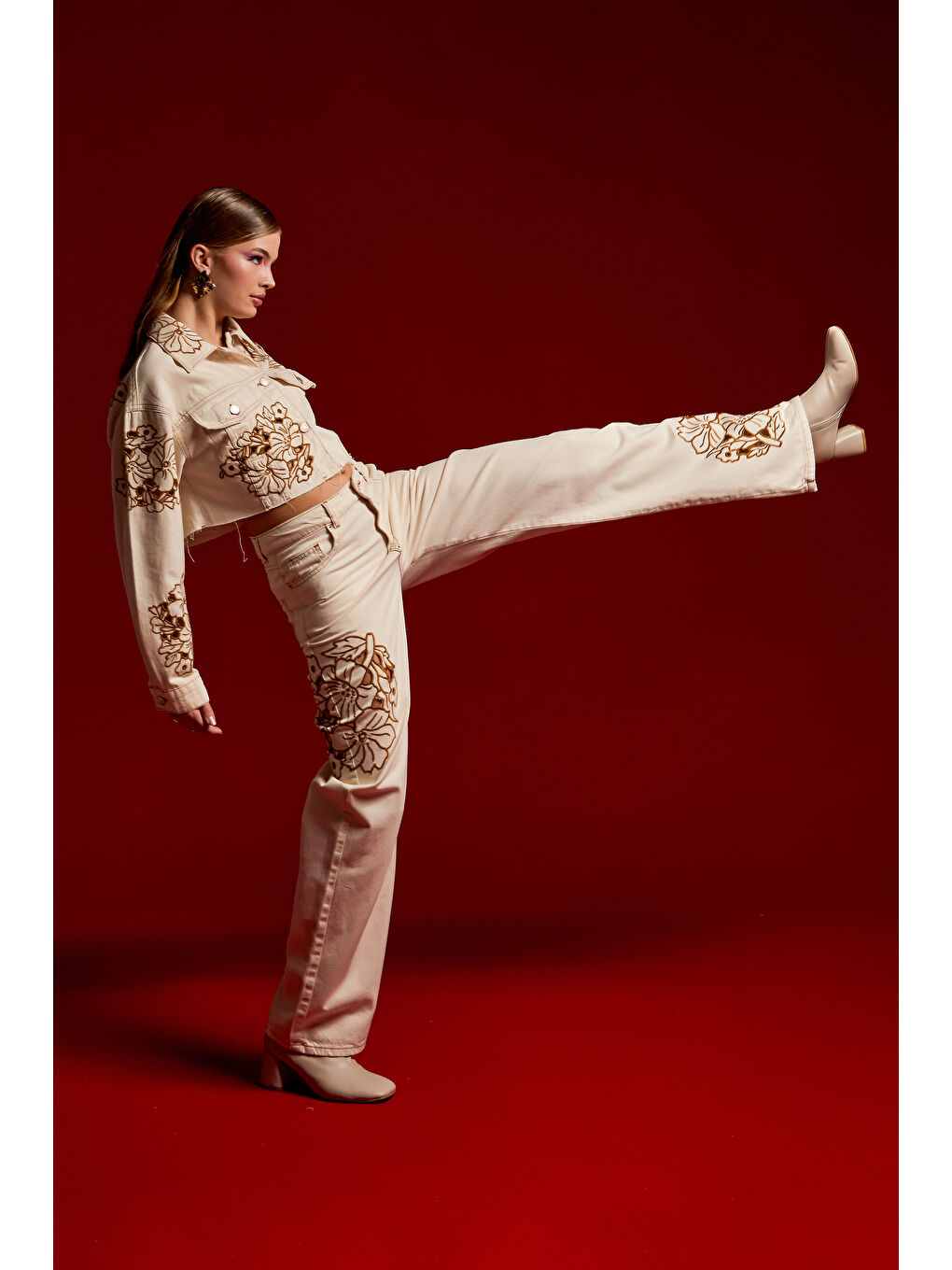 Bej Kadın Raw Renk 7S569 Nakışlı Loose Fit Tasarım Denim-2