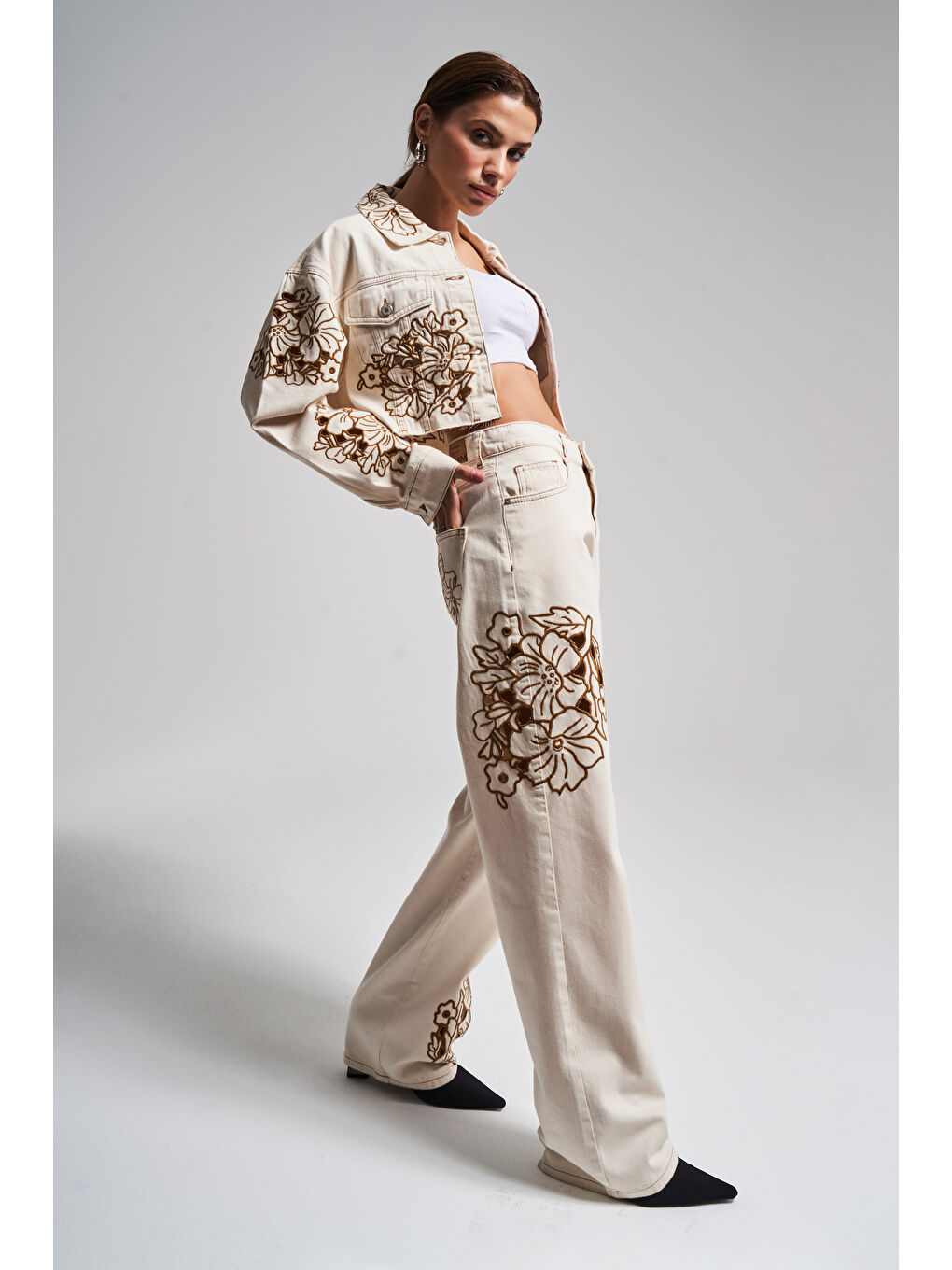 Bej Kadın Raw Renk 7S569 Nakışlı Loose Fit Tasarım Denim-3
