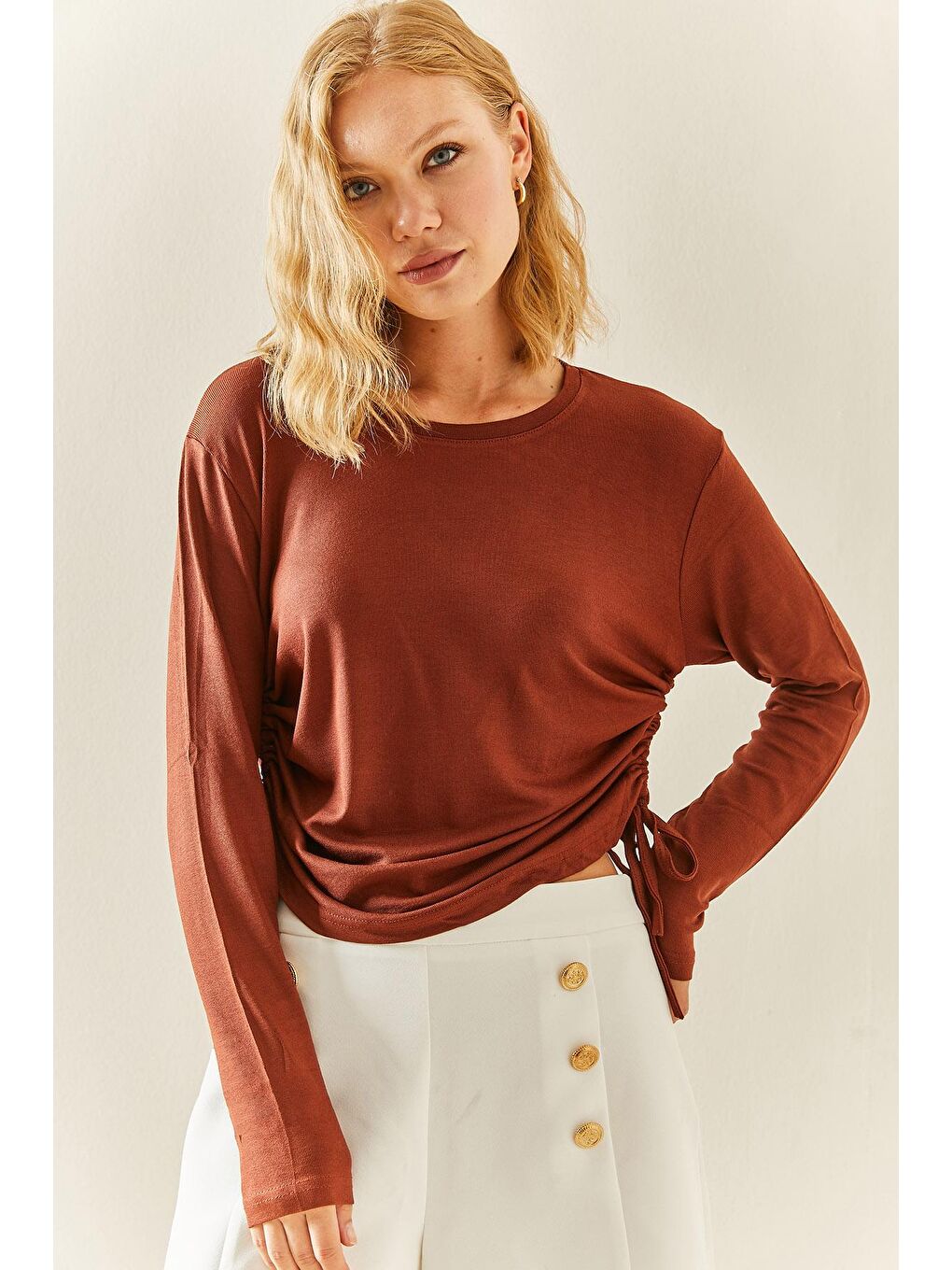 Kahverengi Bisiklet Yaka Büzgülü Bluz 3YXK2-47540-18-4