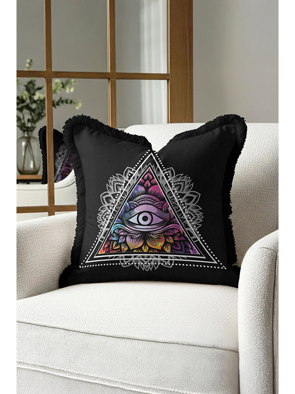 Karışık Mistik Göz Motifli Saçaklı Yastık Kılıfı - Üçgen Mandala Bohem Siyah Renkli Püsküllü Kırlent Kılıfı-2