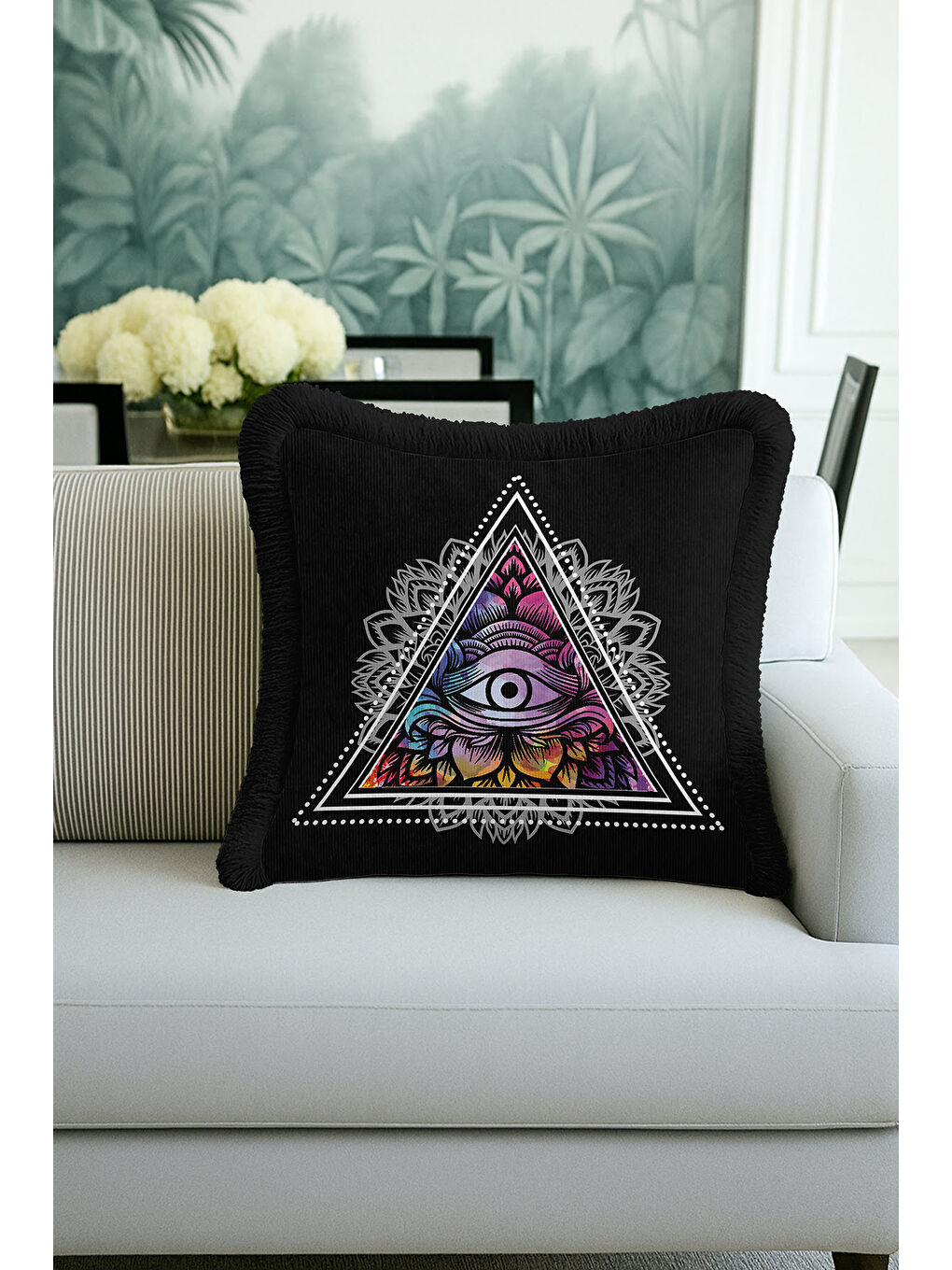 Karışık Mistik Göz Motifli Saçaklı Yastık Kılıfı - Üçgen Mandala Bohem Siyah Renkli Püsküllü Kırlent Kılıfı-3