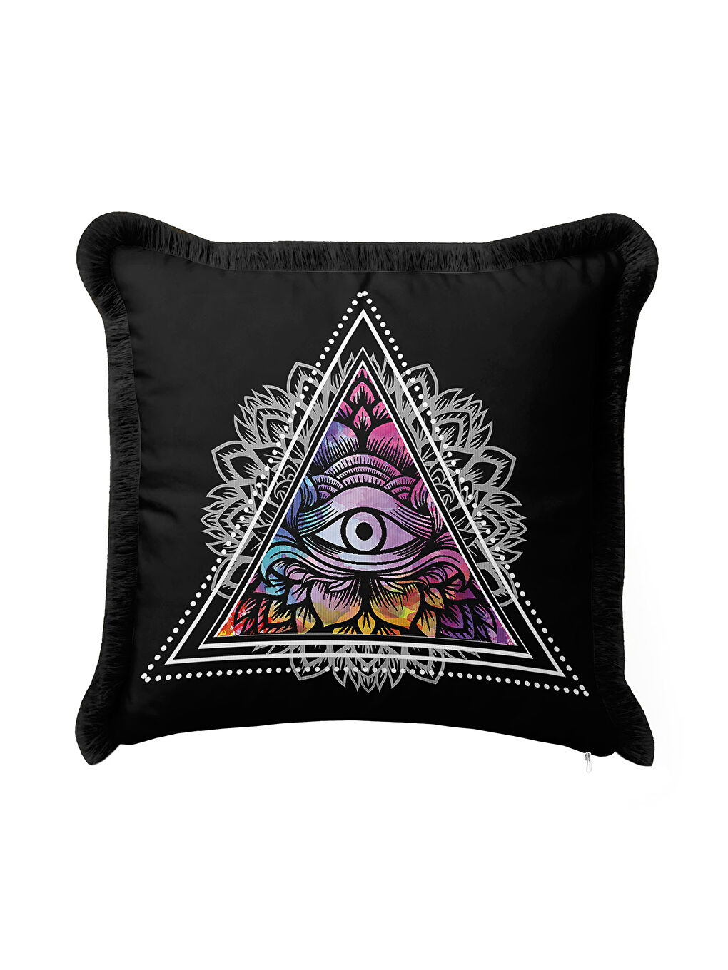 Karışık Mistik Göz Motifli Saçaklı Yastık Kılıfı - Üçgen Mandala Bohem Siyah Renkli Püsküllü Kırlent Kılıfı-4