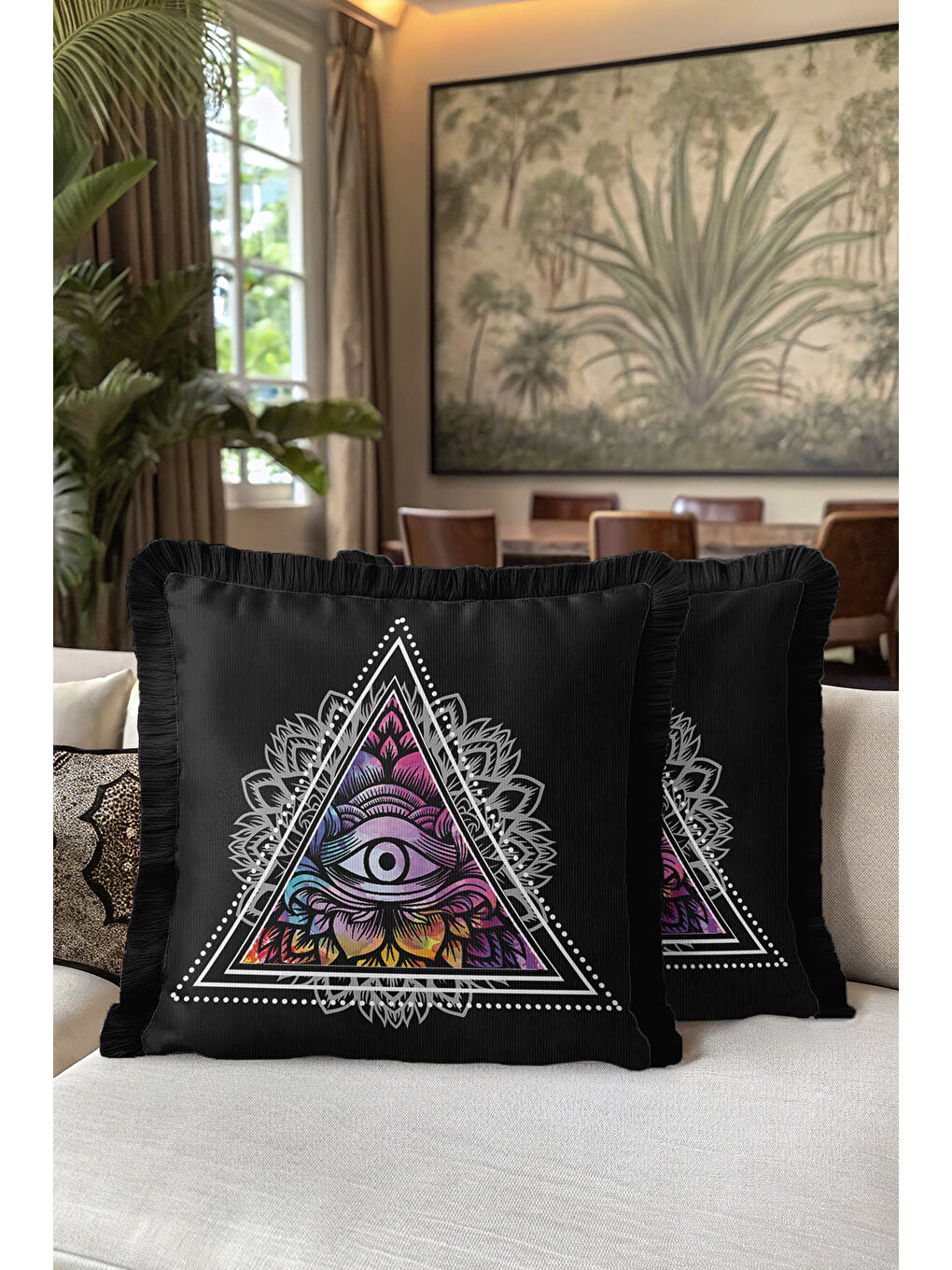 Karışık Mistik Göz Motifli Saçaklı Yastık Kılıfı - Üçgen Mandala Bohem Siyah Renkli Püsküllü Kırlent Kılıfı-5