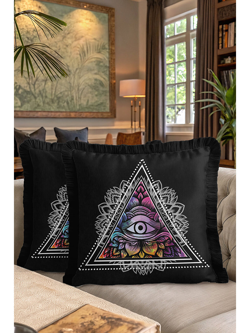 Karışık Mistik Göz Motifli Saçaklı Yastık Kılıfı - Üçgen Mandala Bohem Siyah Renkli Püsküllü Kırlent Kılıfı-7