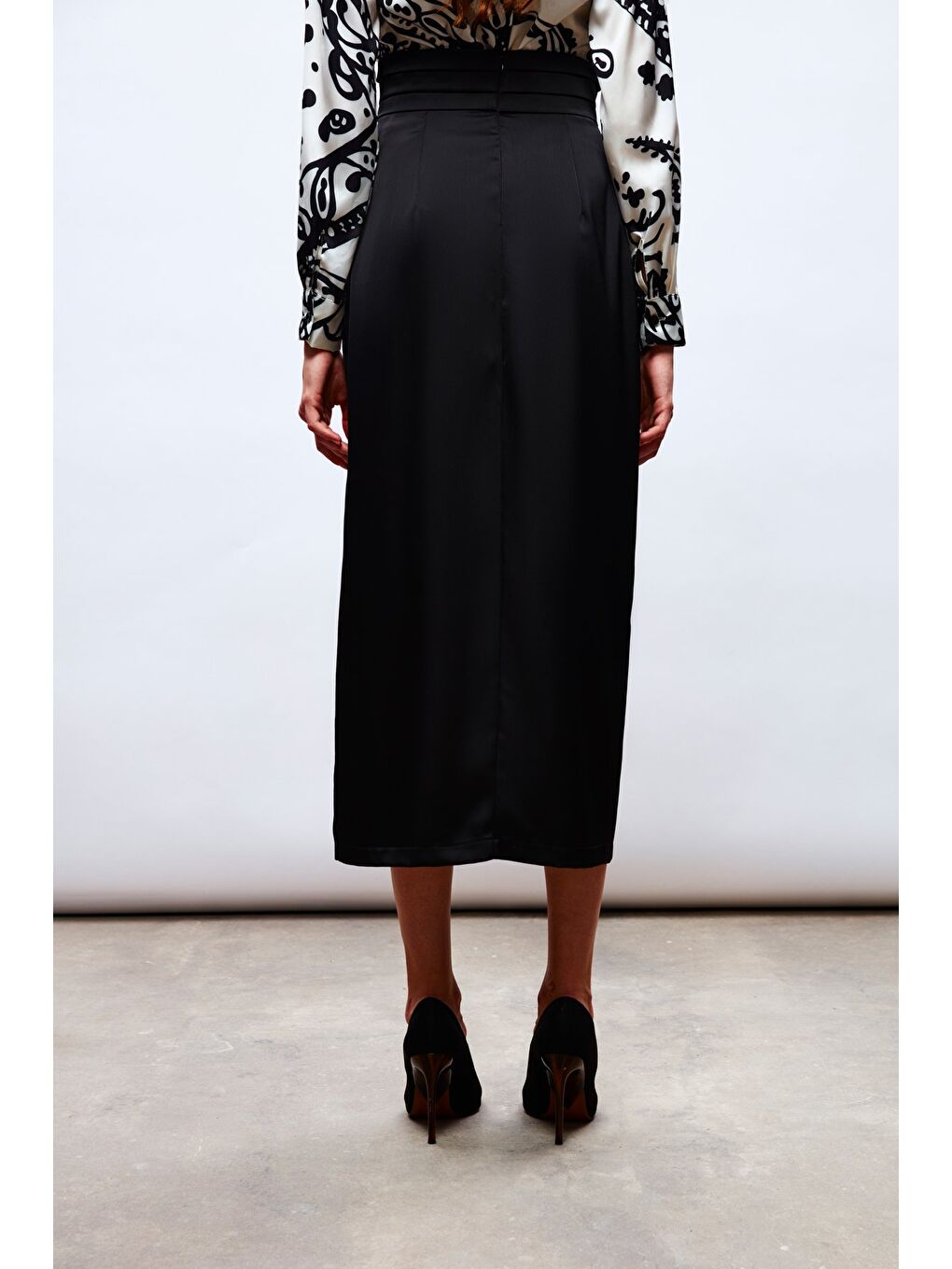 Bel Pile Detaylı Saten Etek - Siyah-6