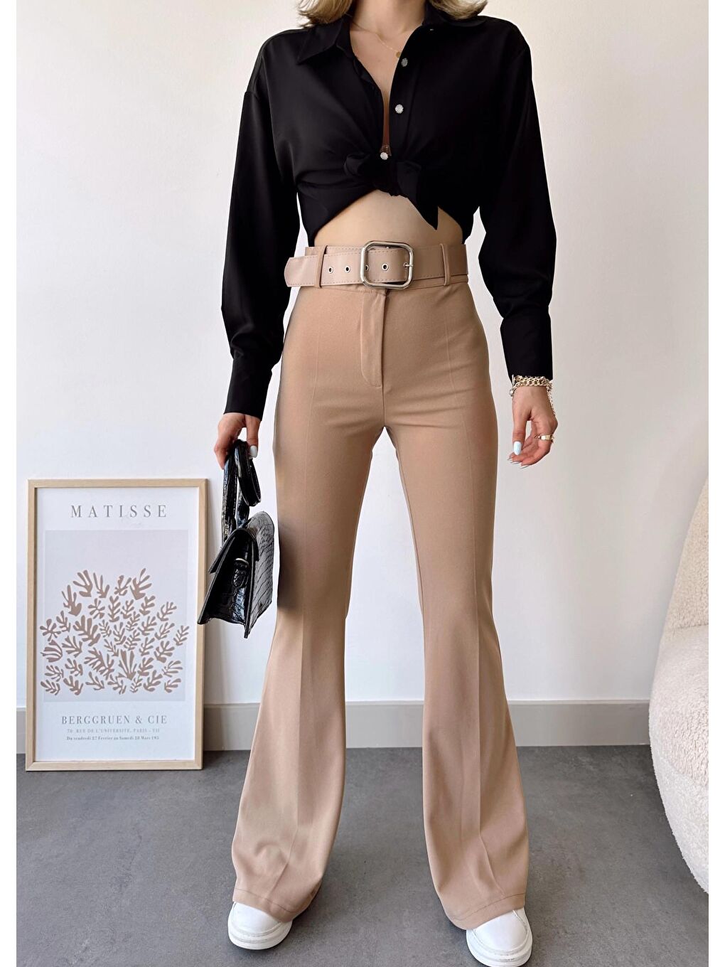 Bej Vizon Yüksek Bel İspanyol Paça Kemerli Pantolon-2