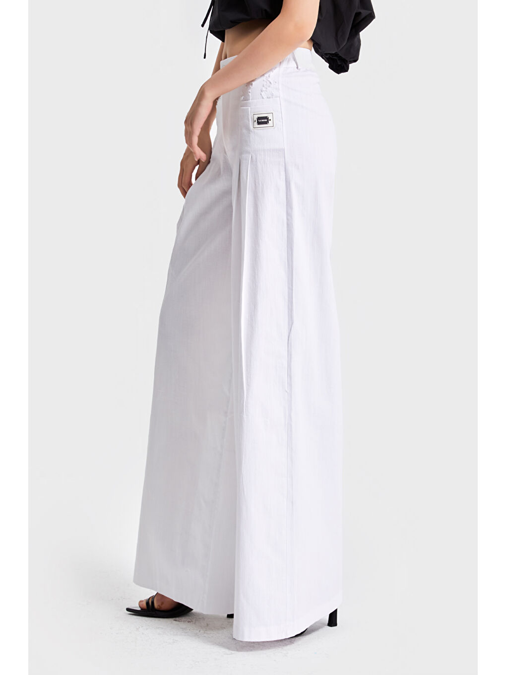 Kadın Beyaz Renk Palazzo Fit Keten Kumaş İç Göstermez Özel Tasarım Pantolon-2