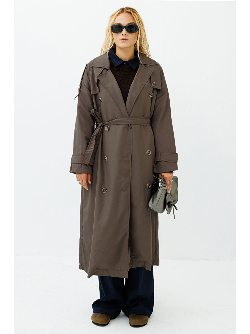 Kahverengi Soft Oversize Kül Kahve Trençkot-4