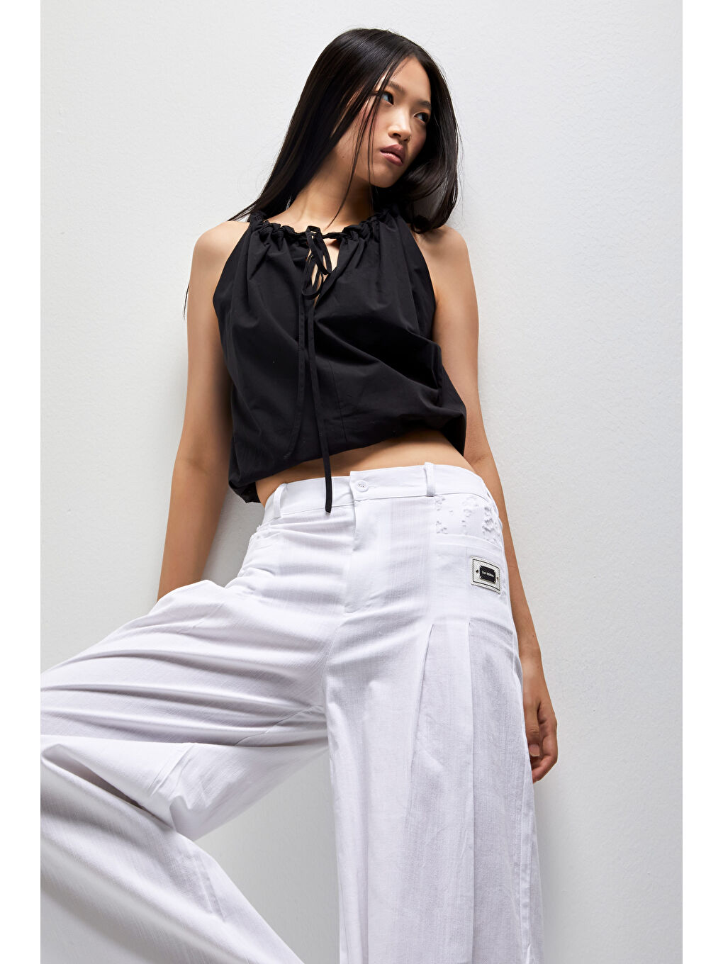 Kadın Beyaz Renk Palazzo Fit Keten Kumaş İç Göstermez Özel Tasarım Pantolon-3