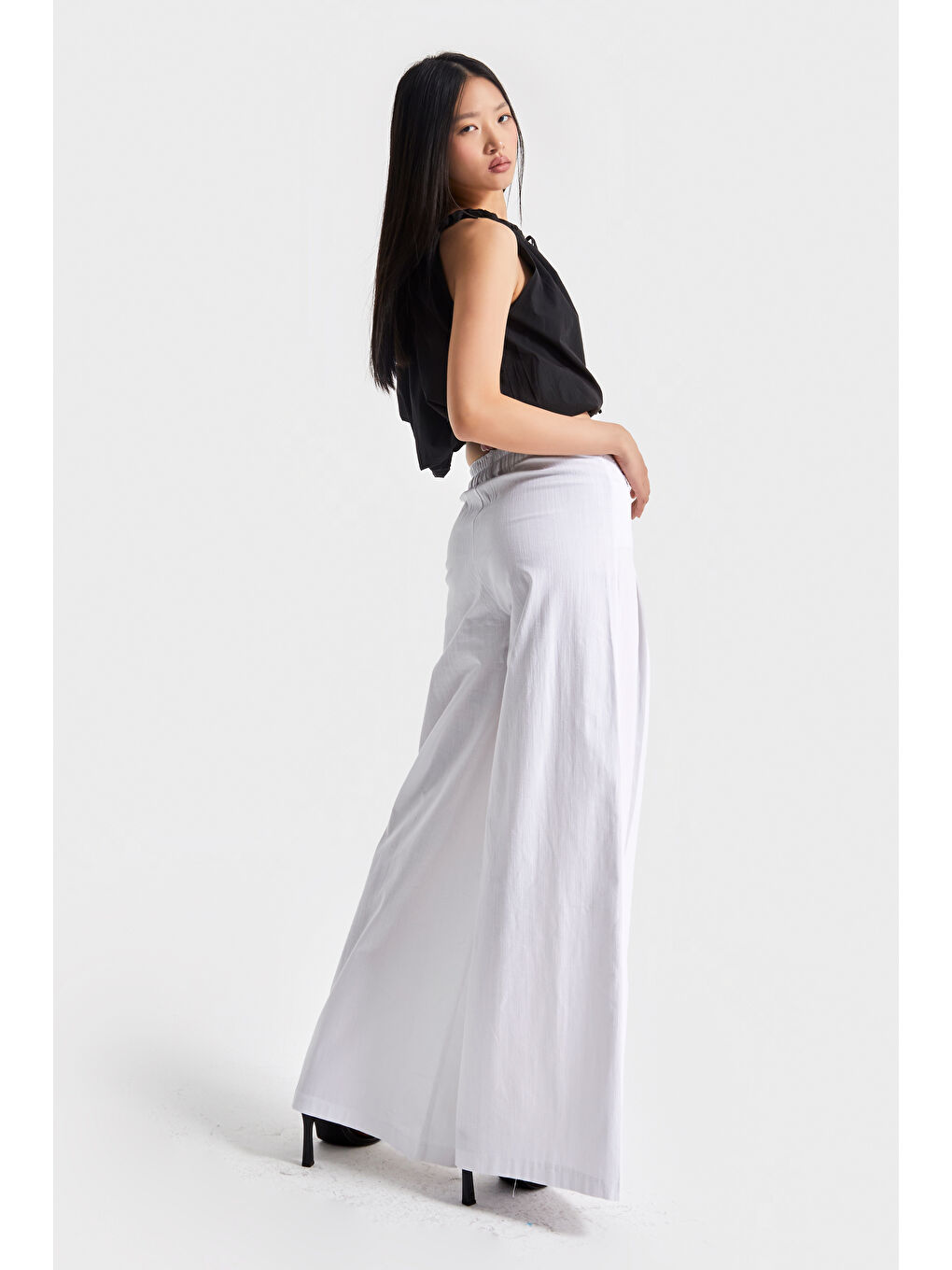 Kadın Beyaz Renk Palazzo Fit Keten Kumaş İç Göstermez Özel Tasarım Pantolon-4