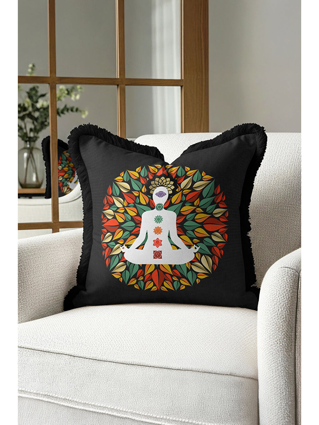 Karışık Spiritüel Yoga Lotus Saçaklı Yastık Kılıfı - Meditasyon Bohem Çok Renkli Püsküllü Kırlent Kılıfı-2