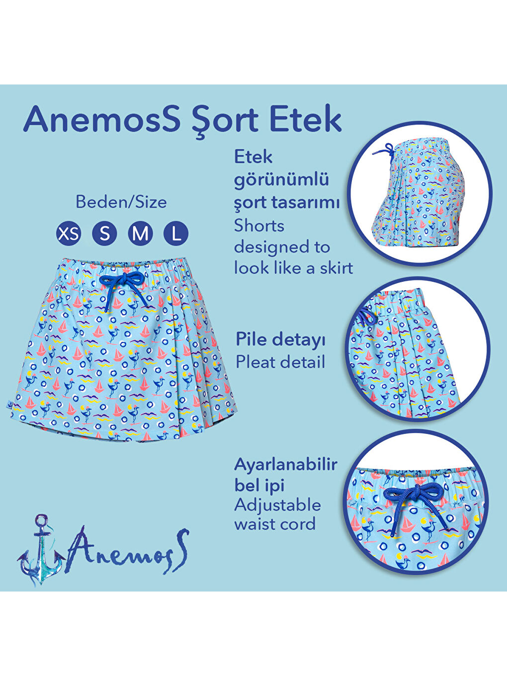 Karışık Gemici Martı Kadın Şort Etek – Bağcıklı Bel, Deniz Temalı Yazlık Skort-4