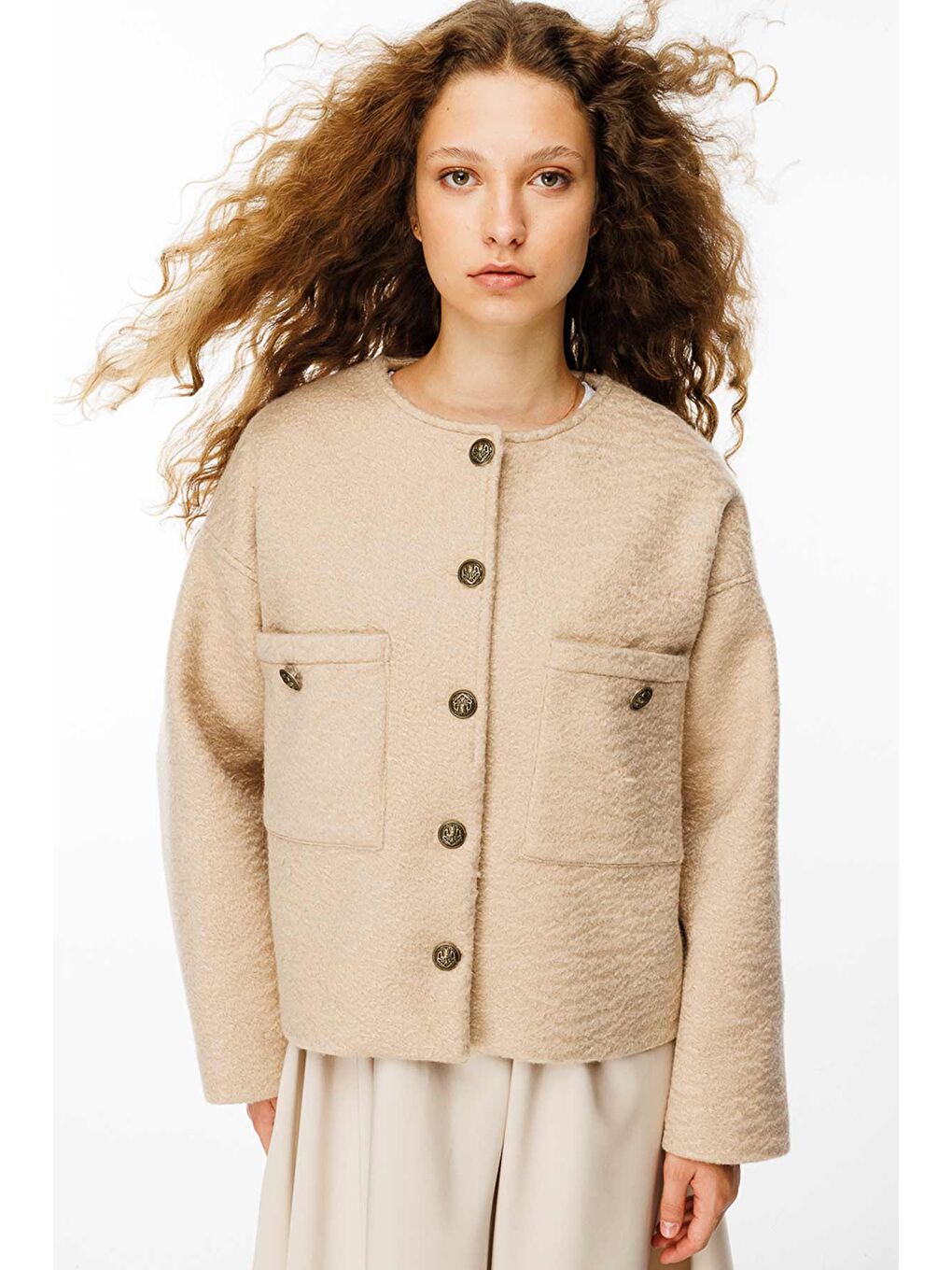 Kahverengi Antik Metal Düğmeli Sütlü Kahve Ceket-1