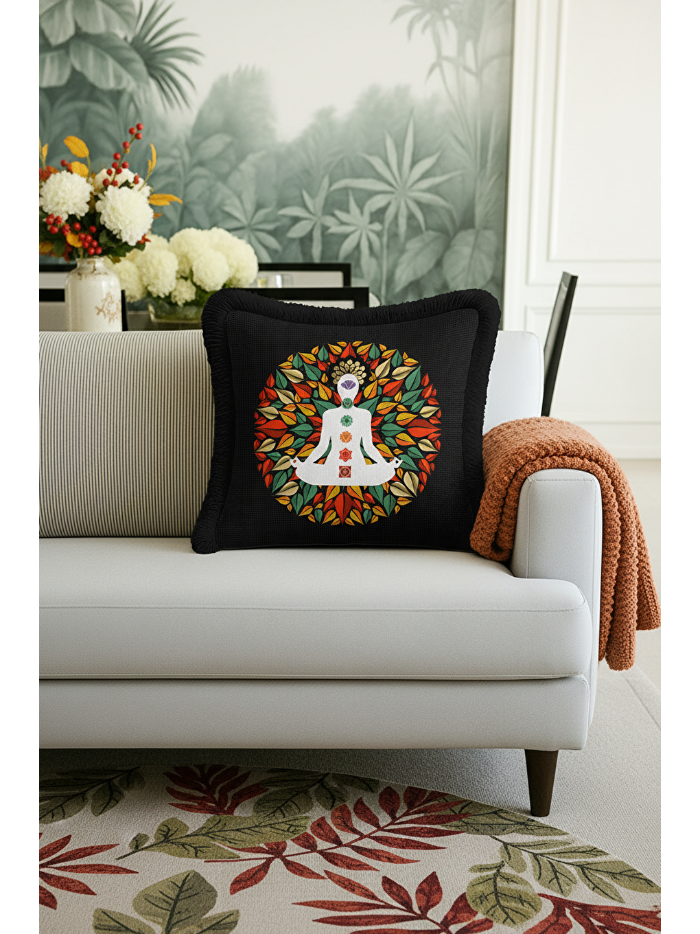 Karışık Spiritüel Yoga Lotus Saçaklı Yastık Kılıfı - Meditasyon Bohem Çok Renkli Püsküllü Kırlent Kılıfı-3