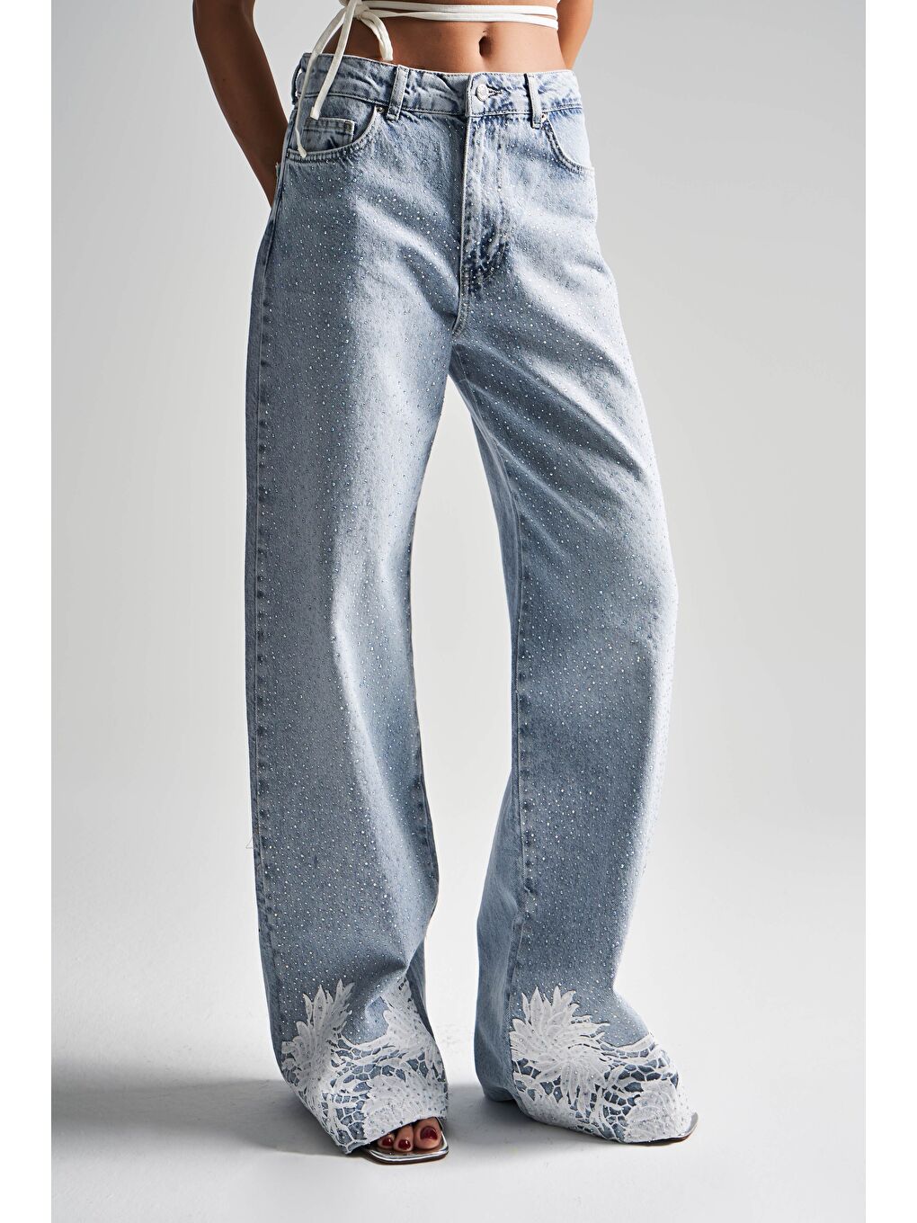 Mavi Kadın Snow Jean Rengi 4S5-3 Parlak Taşlı Dantelli Orta Bel %100 Pamuk Tasarım Denim Jean-2
