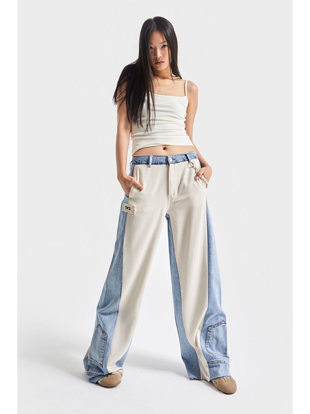 Mavi Kadın Tint Bej Renk Palazzo Fit Bol Kesim Aksesuar Detaylı Özel Tasarım Denim Jean-4