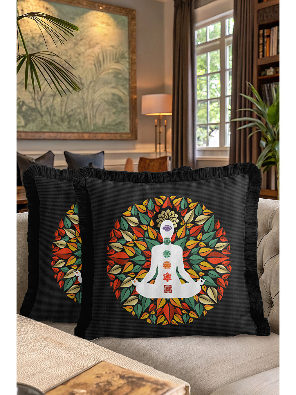 Karışık Spiritüel Yoga Lotus Saçaklı Yastık Kılıfı - Meditasyon Bohem Çok Renkli Püsküllü Kırlent Kılıfı-7