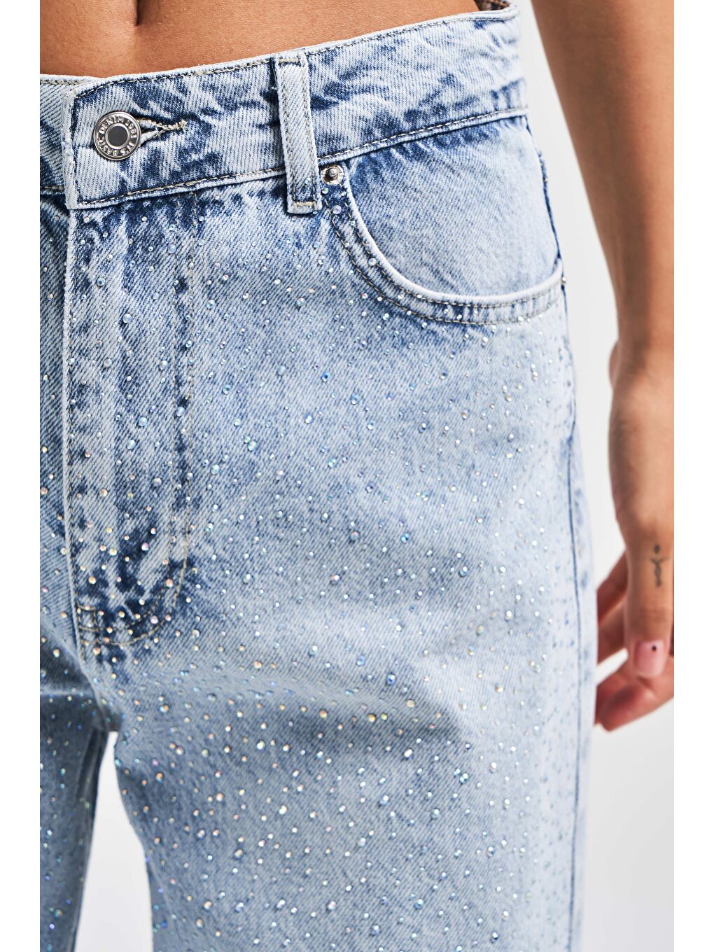 Mavi Kadın Snow Jean Rengi 4S5-3 Parlak Taşlı Dantelli Orta Bel %100 Pamuk Tasarım Denim Jean-3