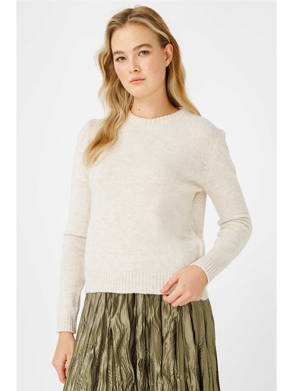 Ekru Bisiklet Yaka Fit Triko Krem Kazak