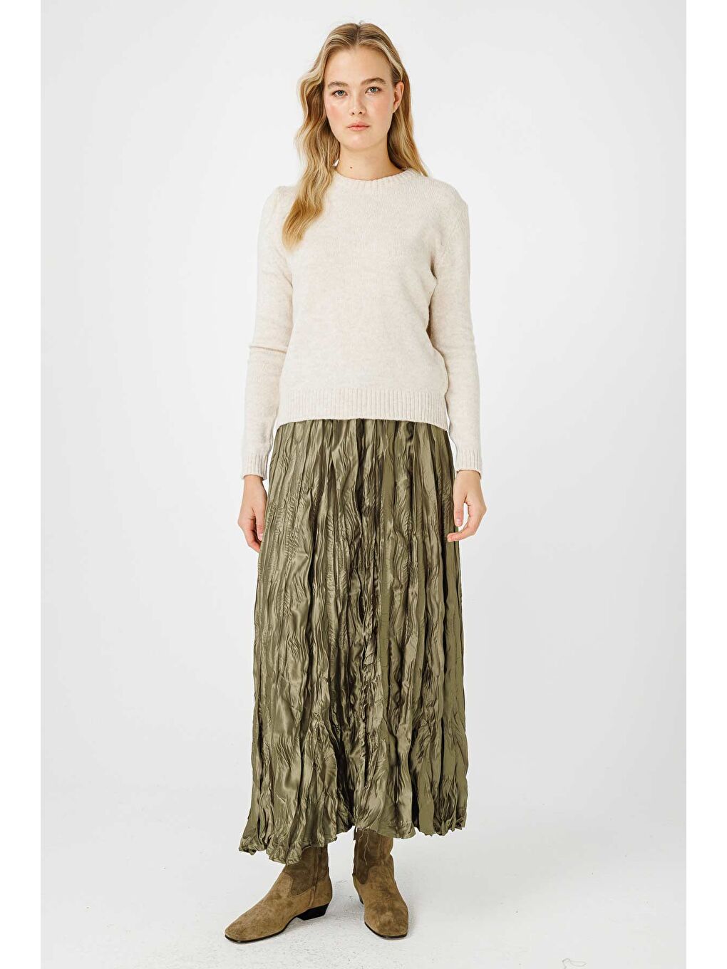 Ekru Bisiklet Yaka Fit Triko Krem Kazak-1