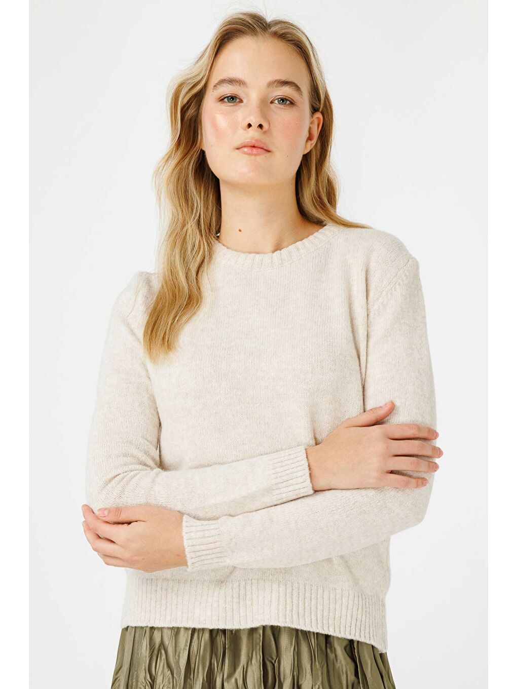 Ekru Bisiklet Yaka Fit Triko Krem Kazak-2