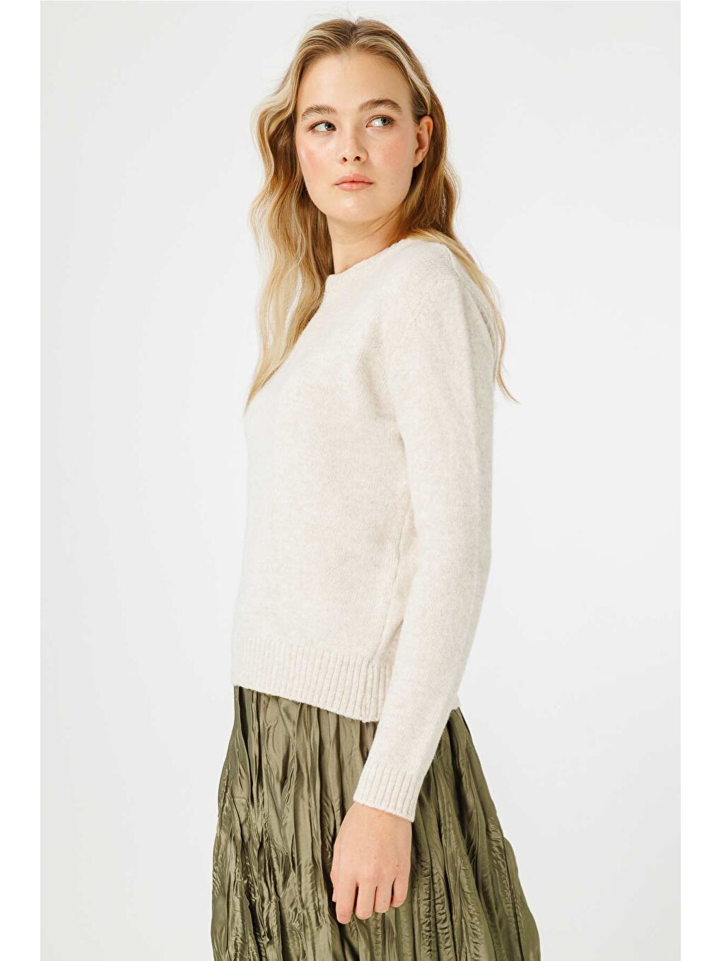 Ekru Bisiklet Yaka Fit Triko Krem Kazak-3