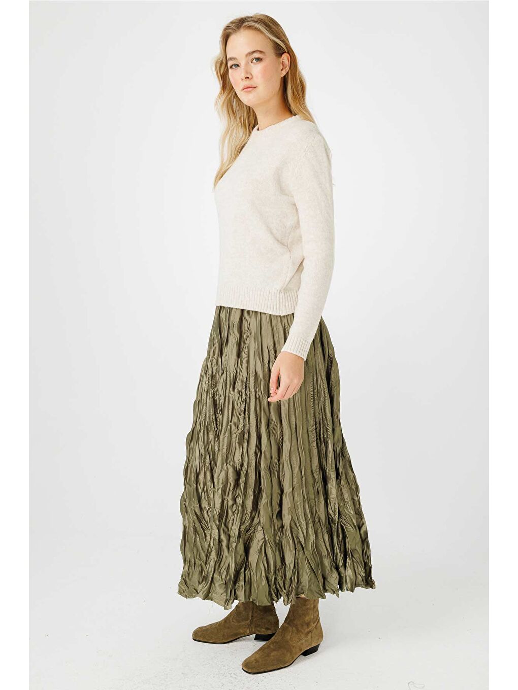 Ekru Bisiklet Yaka Fit Triko Krem Kazak-4