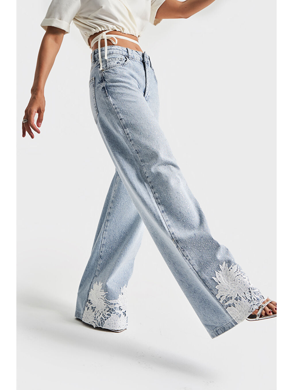 Mavi Kadın Snow Jean Rengi 4S5-3 Parlak Taşlı Dantelli Orta Bel %100 Pamuk Tasarım Denim Jean-4