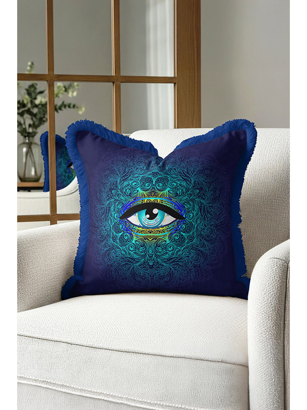 Karışık Lüks Mistik Göz Saçaklı Yastık Kılıfı - Spiritüel Bohem Mavi Sarı Püsküllü Kırlent Kılıfı-1