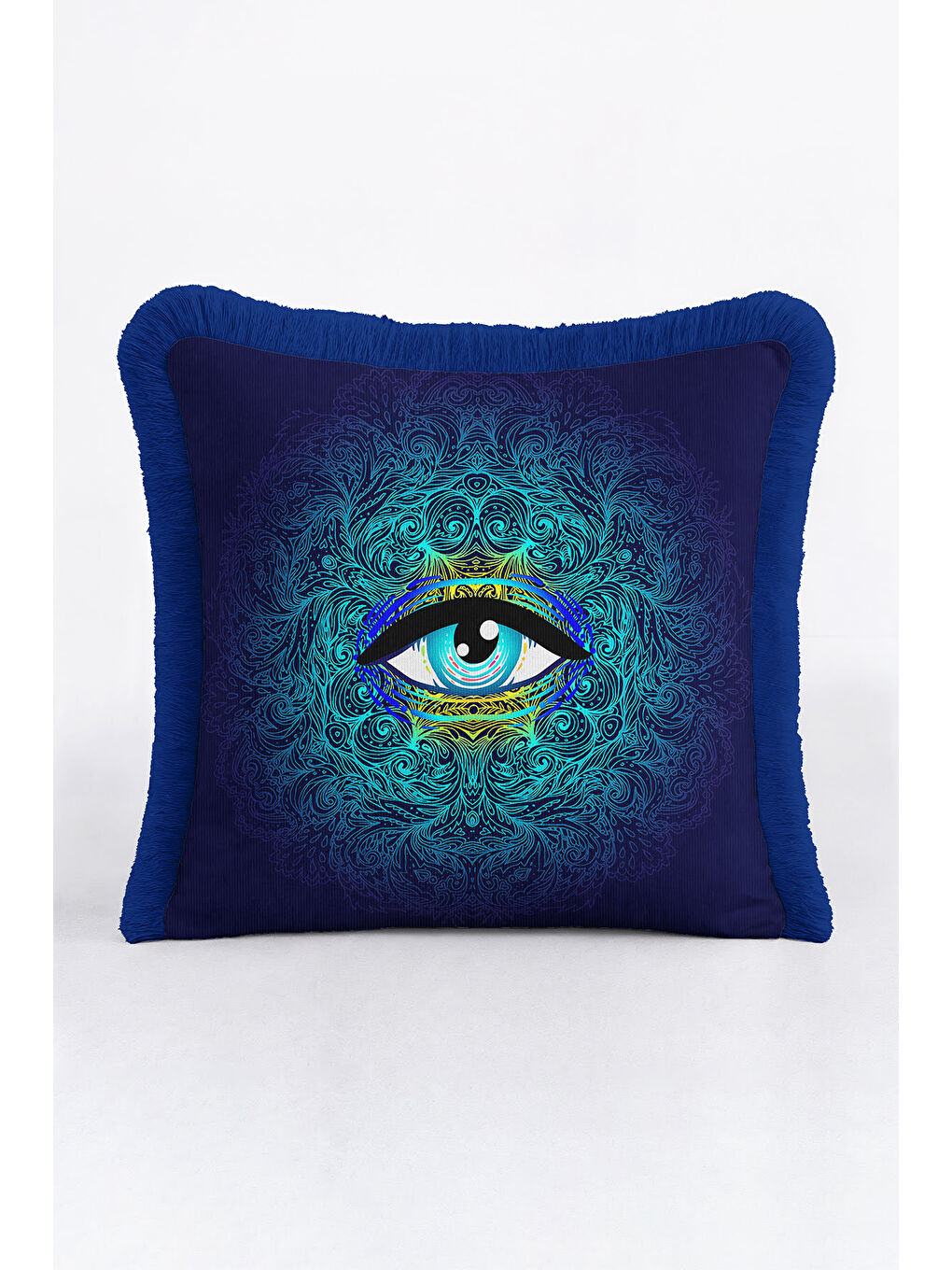 Karışık Lüks Mistik Göz Saçaklı Yastık Kılıfı - Spiritüel Bohem Mavi Sarı Püsküllü Kırlent Kılıfı-2