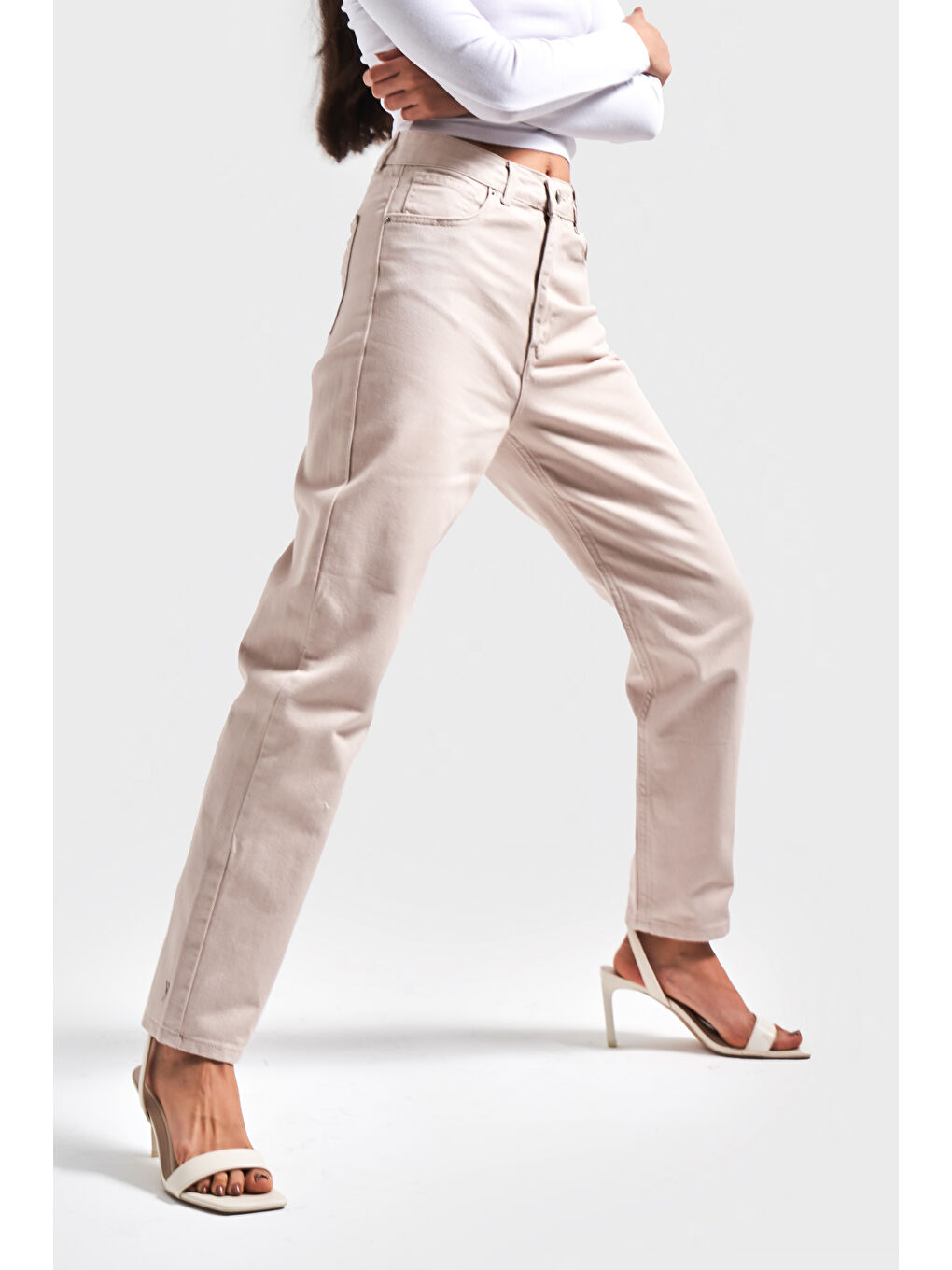 Yüksek Bel Bej Rengi Mom Jean-2