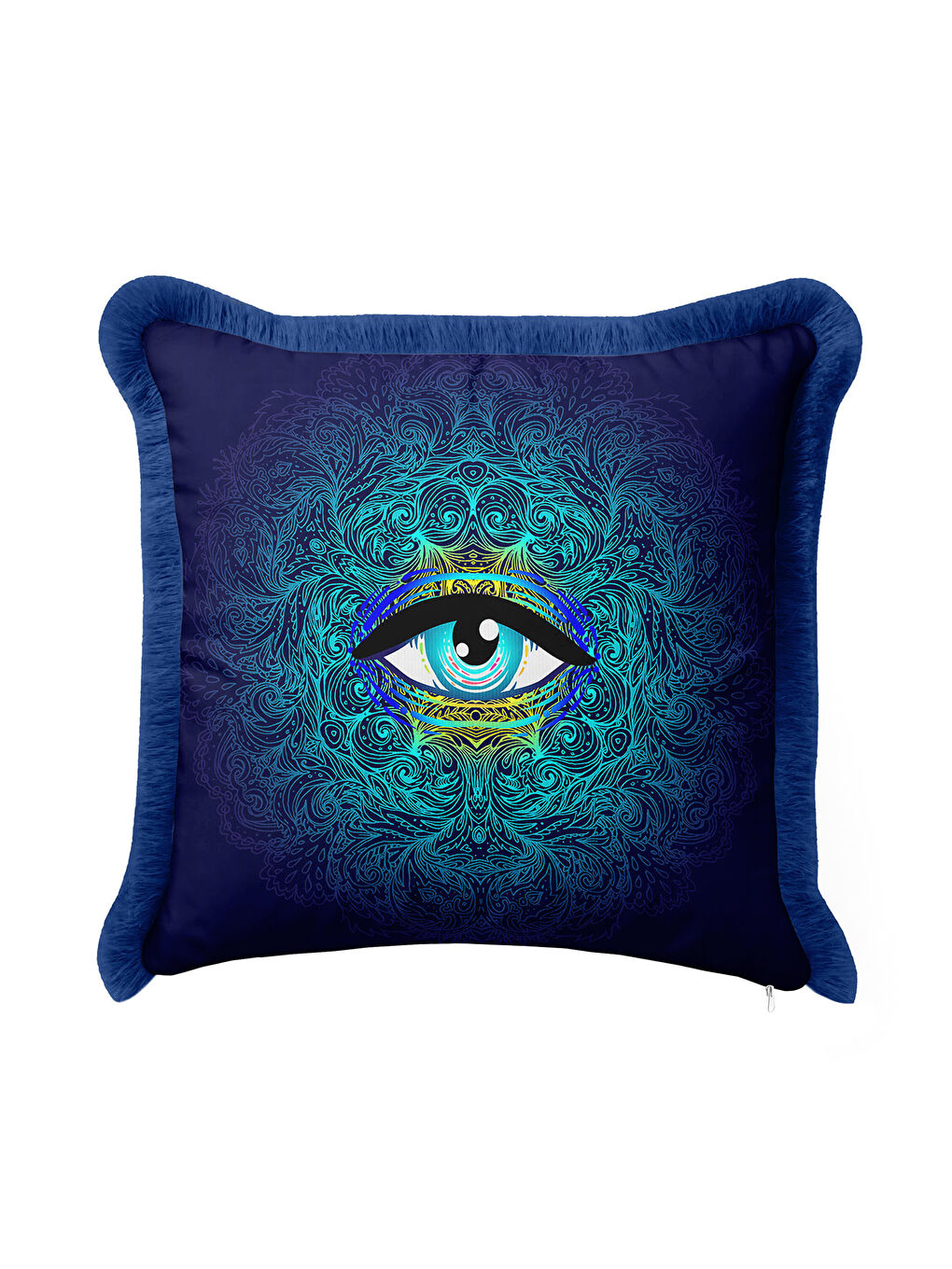 Karışık Lüks Mistik Göz Saçaklı Yastık Kılıfı - Spiritüel Bohem Mavi Sarı Püsküllü Kırlent Kılıfı-3