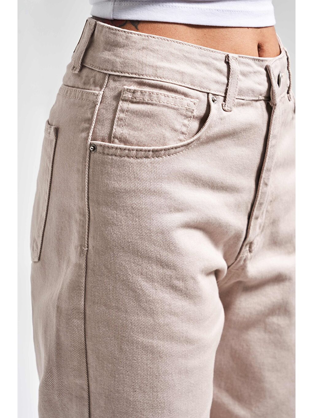 Yüksek Bel Bej Rengi Mom Jean-3