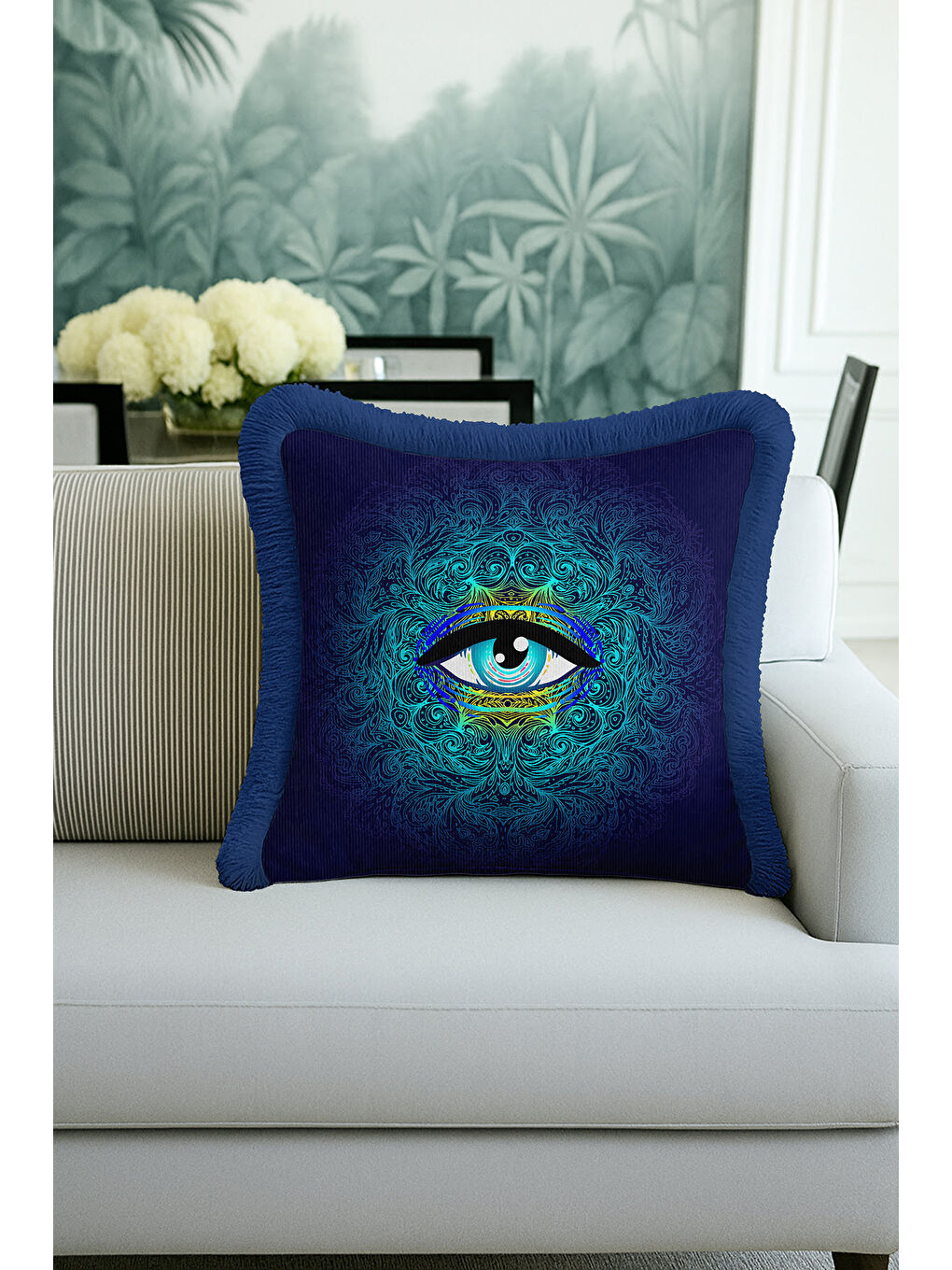 Karışık Lüks Mistik Göz Saçaklı Yastık Kılıfı - Spiritüel Bohem Mavi Sarı Püsküllü Kırlent Kılıfı-4