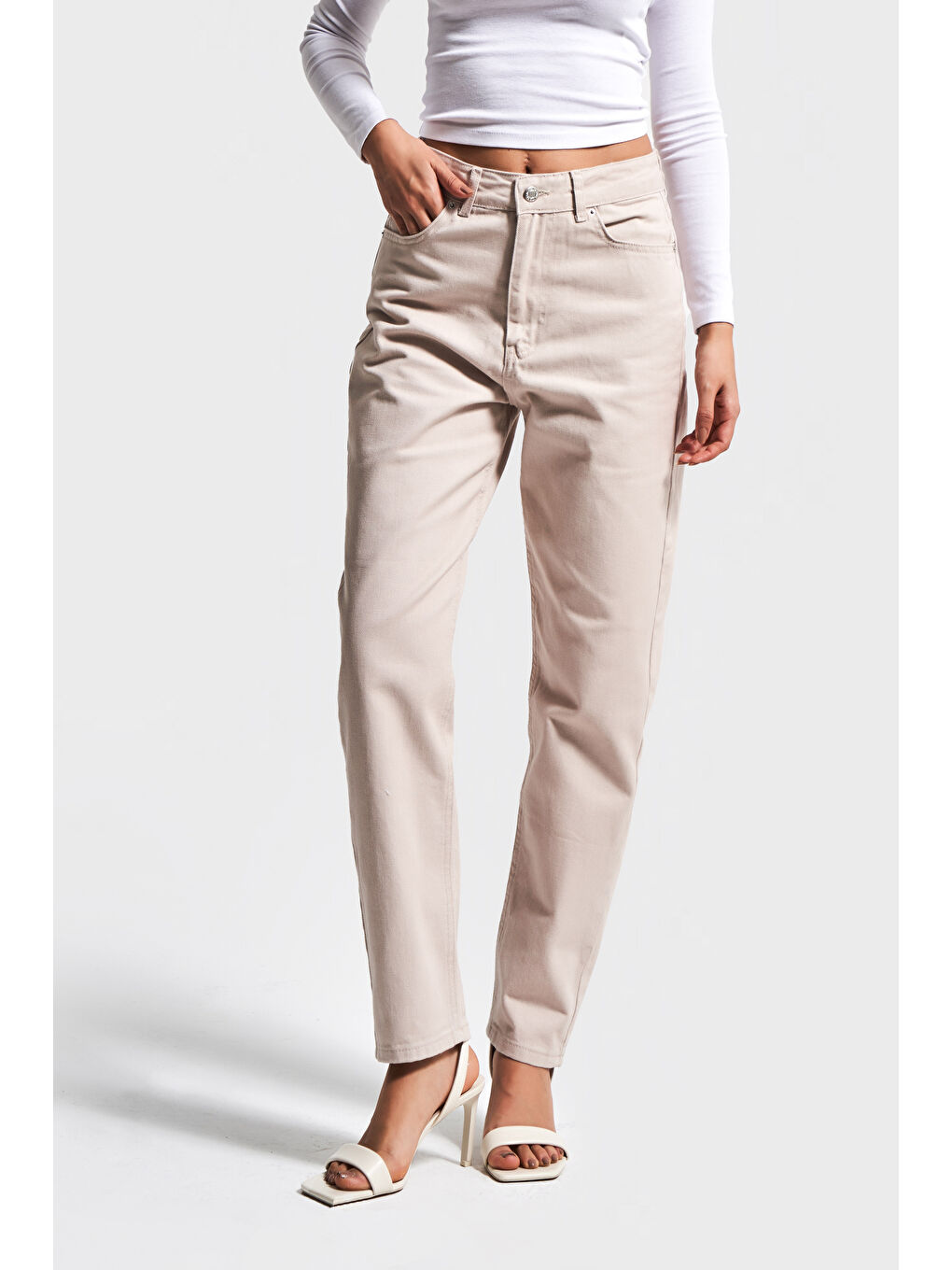 Yüksek Bel Bej Rengi Mom Jean-4