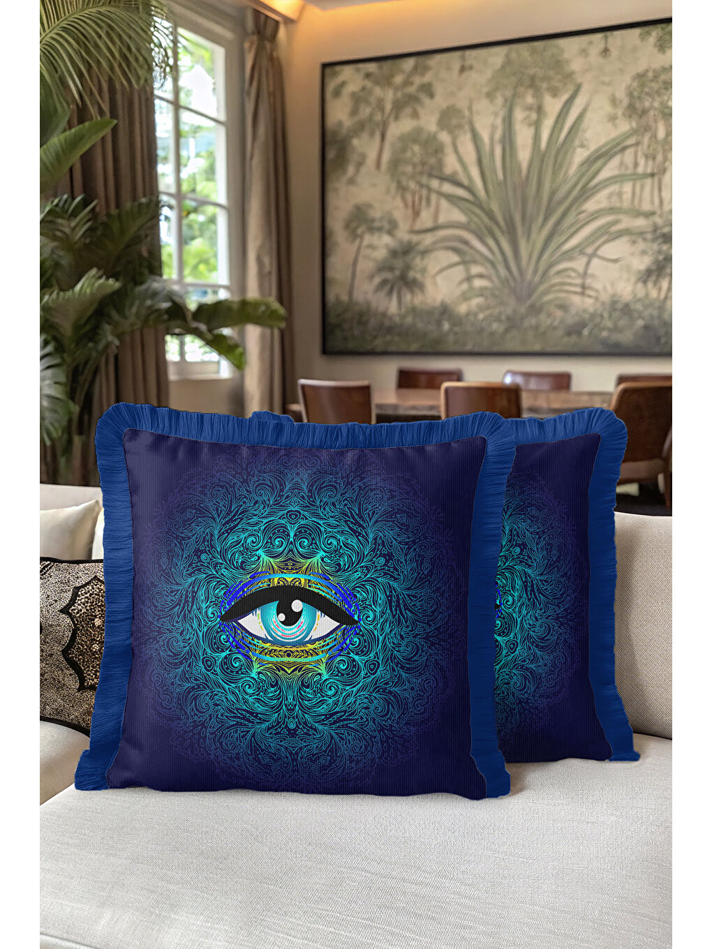 Karışık Lüks Mistik Göz Saçaklı Yastık Kılıfı - Spiritüel Bohem Mavi Sarı Püsküllü Kırlent Kılıfı-5
