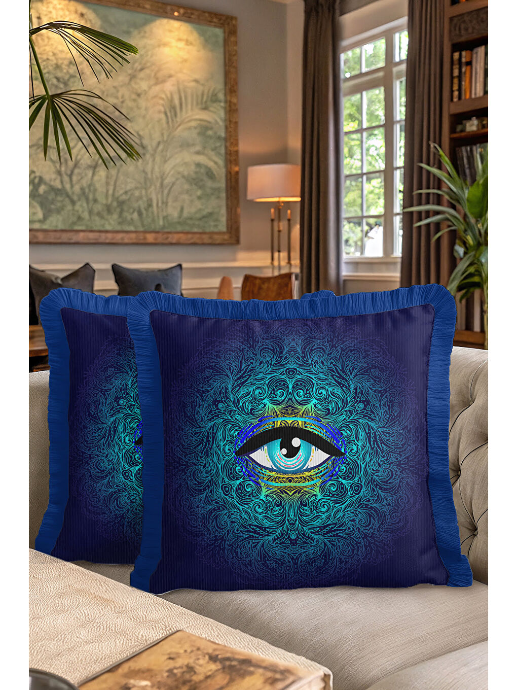 Karışık Lüks Mistik Göz Saçaklı Yastık Kılıfı - Spiritüel Bohem Mavi Sarı Püsküllü Kırlent Kılıfı-7