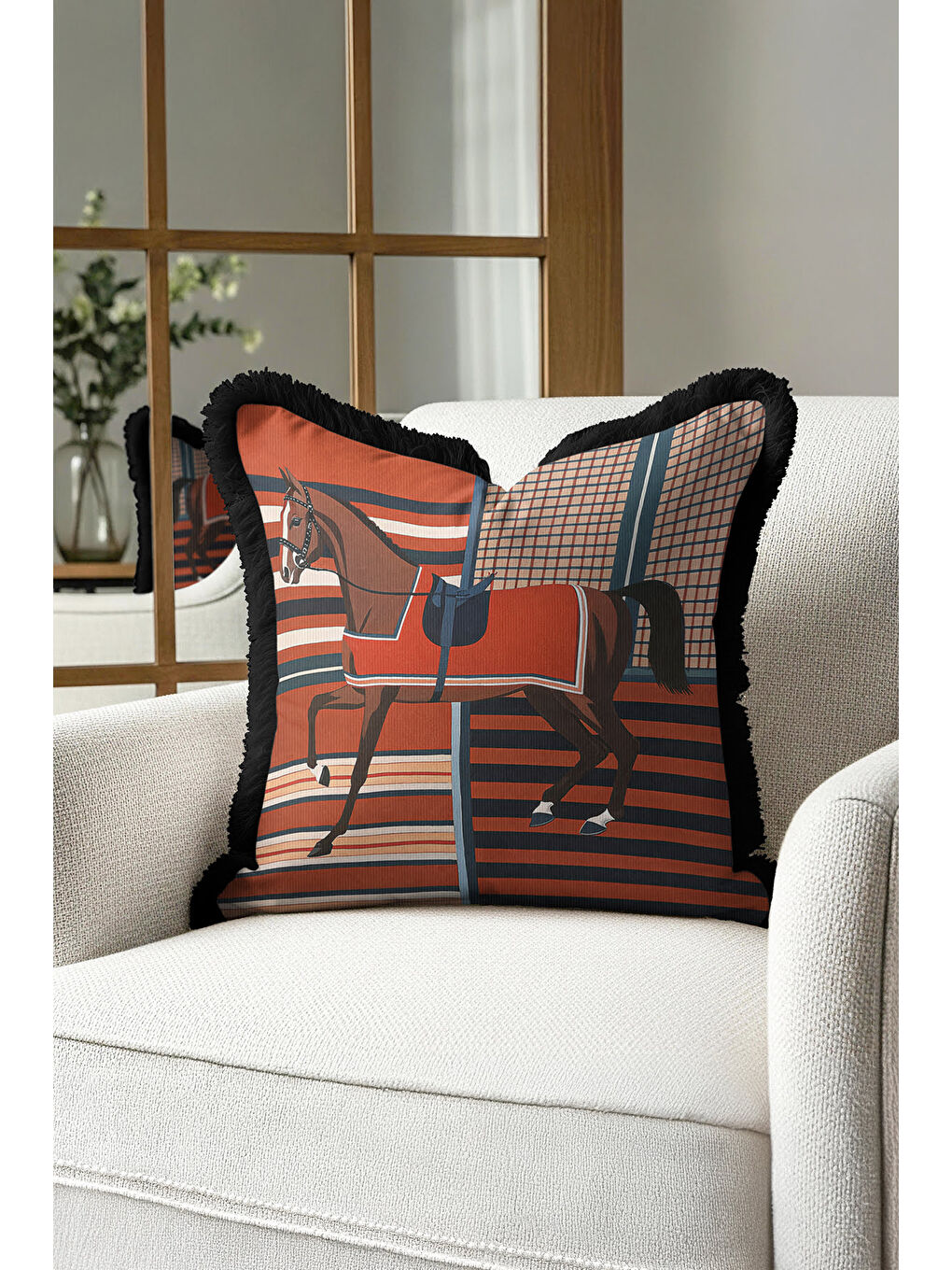 Karışık Zarif At Figür Saçaklı Yastık Kılıfı - Binicilik Tema Klasik Kiremit Lacivert Püsküllü Kırlent Kılıf