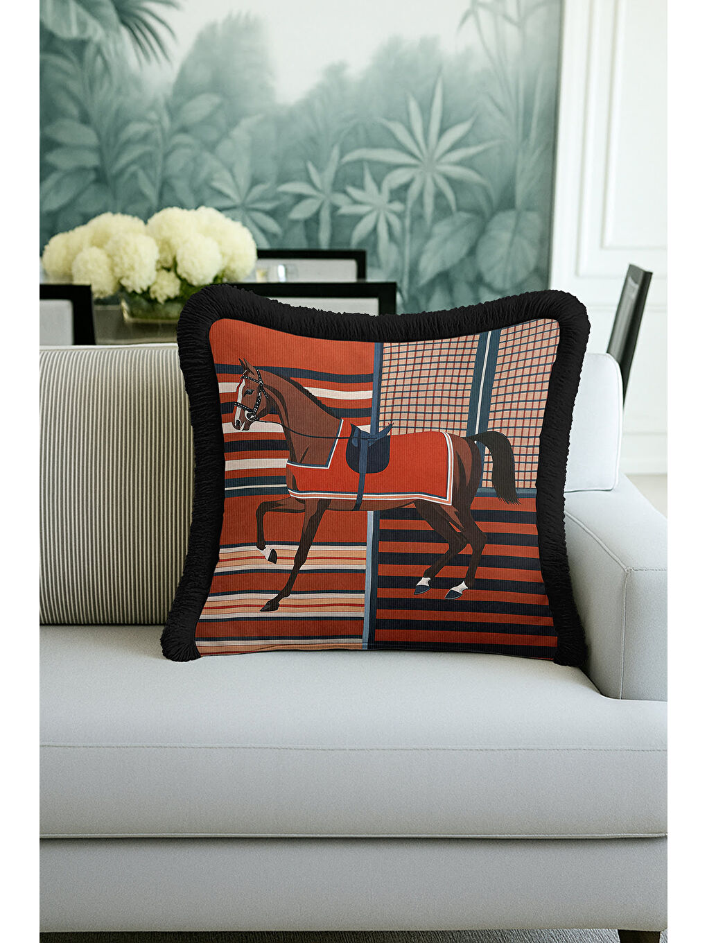 Karışık Zarif At Figür Saçaklı Yastık Kılıfı - Binicilik Tema Klasik Kiremit Lacivert Püsküllü Kırlent Kılıf-1