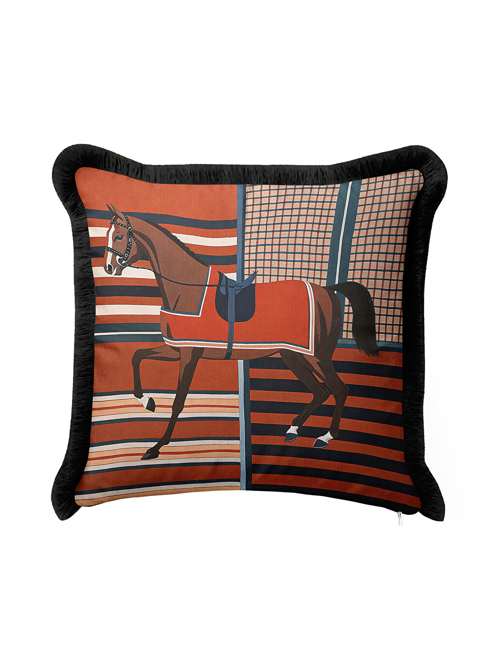 Karışık Zarif At Figür Saçaklı Yastık Kılıfı - Binicilik Tema Klasik Kiremit Lacivert Püsküllü Kırlent Kılıf-2