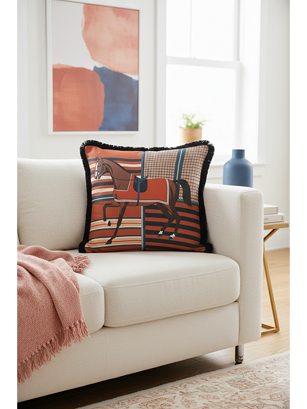 Karışık Zarif At Figür Saçaklı Yastık Kılıfı - Binicilik Tema Klasik Kiremit Lacivert Püsküllü Kırlent Kılıf-3