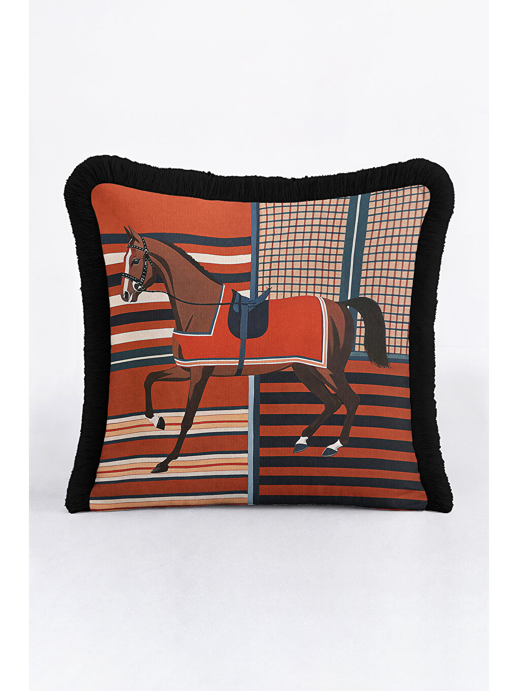 Karışık Zarif At Figür Saçaklı Yastık Kılıfı - Binicilik Tema Klasik Kiremit Lacivert Püsküllü Kırlent Kılıf-4