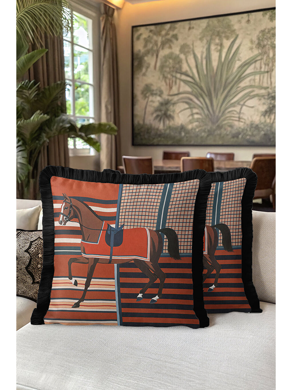 Karışık Zarif At Figür Saçaklı Yastık Kılıfı - Binicilik Tema Klasik Kiremit Lacivert Püsküllü Kırlent Kılıf-5