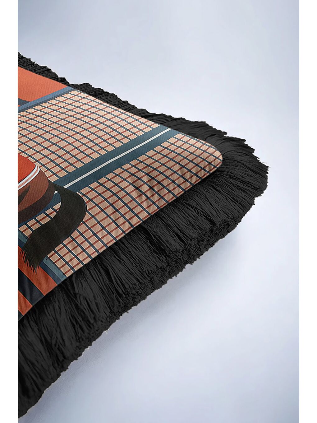 Karışık Zarif At Figür Saçaklı Yastık Kılıfı - Binicilik Tema Klasik Kiremit Lacivert Püsküllü Kırlent Kılıf-6