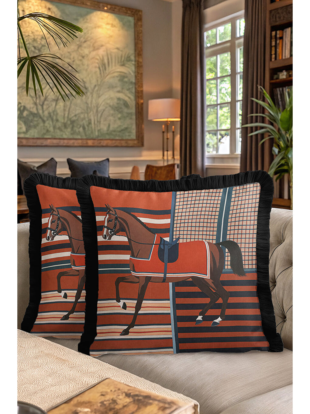 Karışık Zarif At Figür Saçaklı Yastık Kılıfı - Binicilik Tema Klasik Kiremit Lacivert Püsküllü Kırlent Kılıf-7