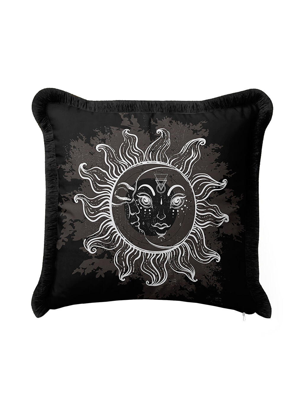 Karışık Mistisizmin Işıltısı Saçaklı Yastık Kılıfı - Güneş Ay Motifli Bohem Siyah Püsküllü Kırlent Kılıfı