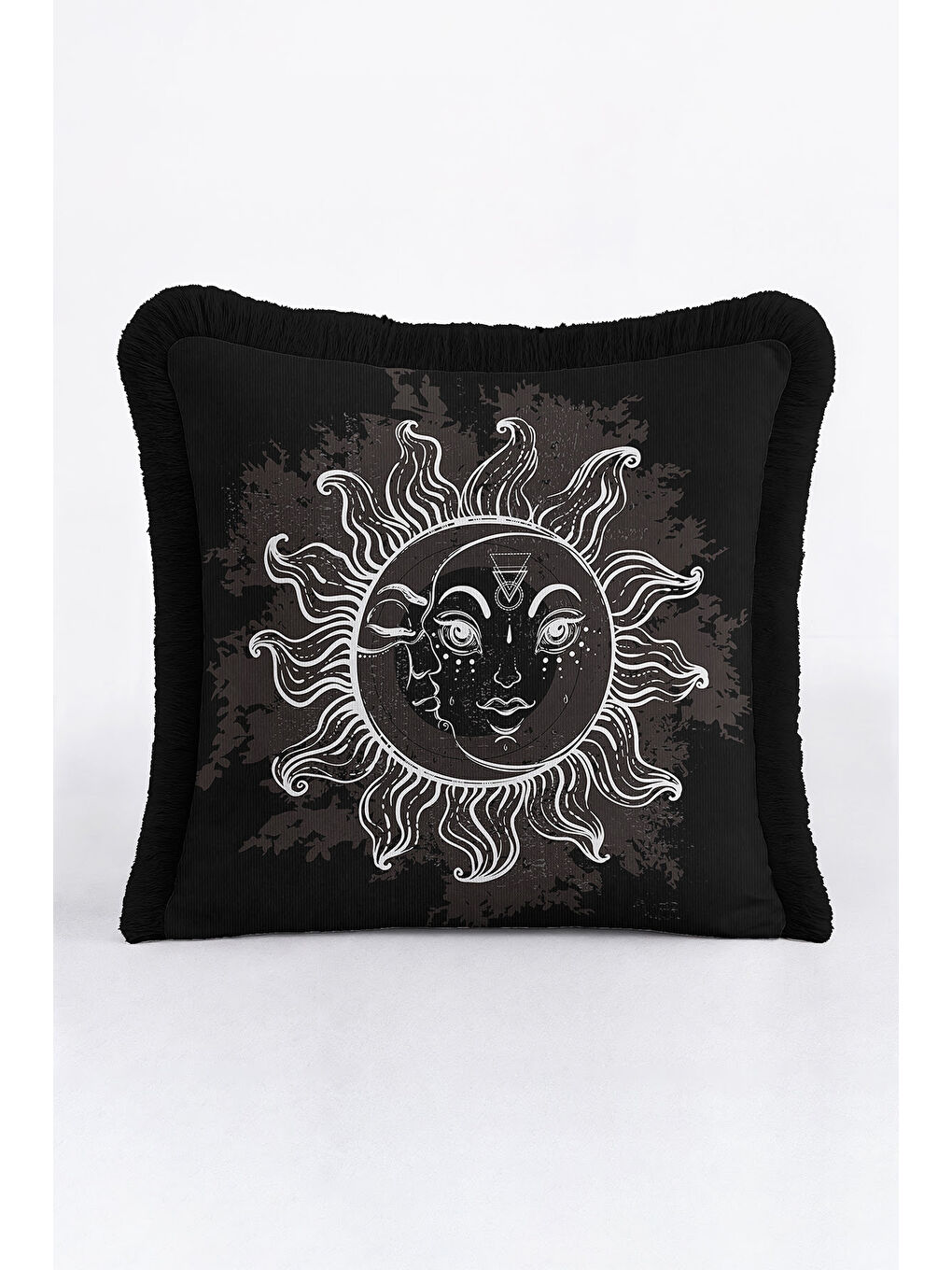 Karışık Mistisizmin Işıltısı Saçaklı Yastık Kılıfı - Güneş Ay Motifli Bohem Siyah Püsküllü Kırlent Kılıfı-2