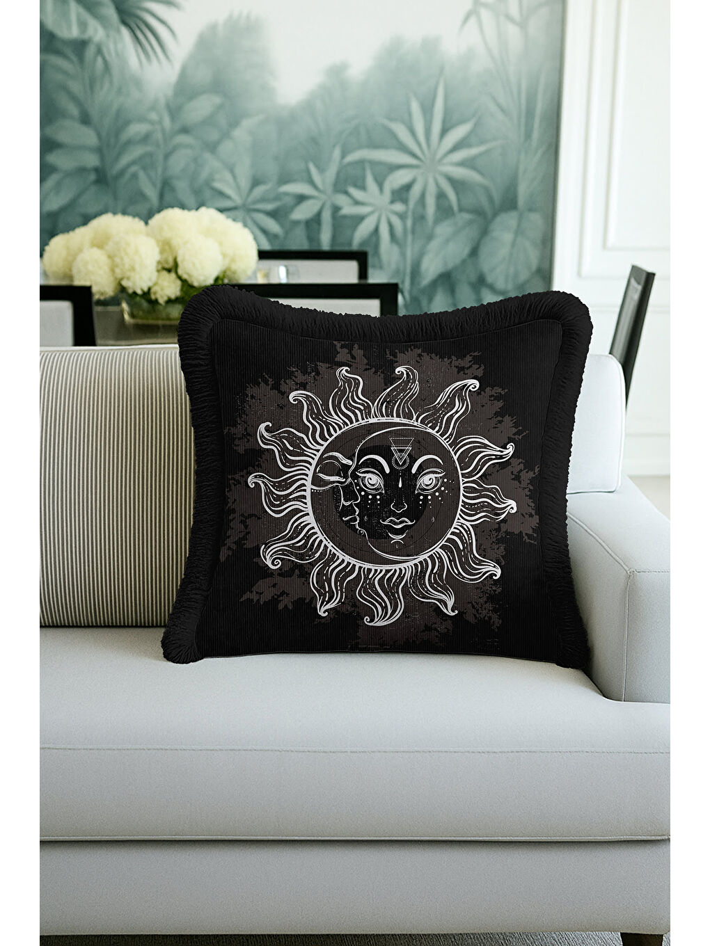 Karışık Mistisizmin Işıltısı Saçaklı Yastık Kılıfı - Güneş Ay Motifli Bohem Siyah Püsküllü Kırlent Kılıfı-3